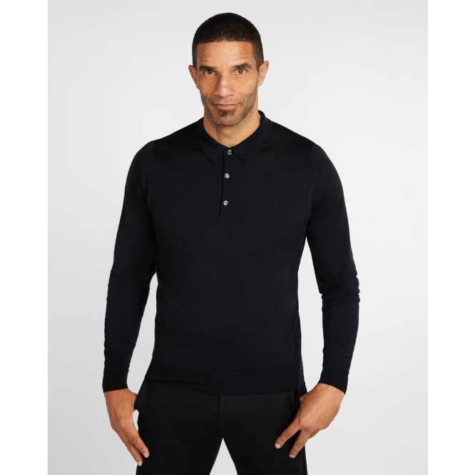 LFC X John Smedley Mens Long Sleeve Button Neck Polo Shirt Black