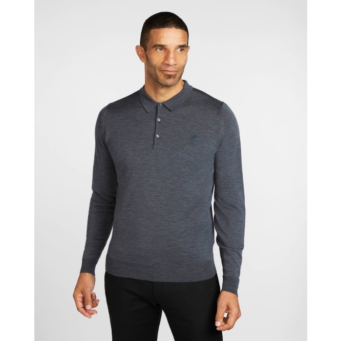 LFC X John Smedley Mens Long Sleeve Button Neck Polo Shirt Charcoal