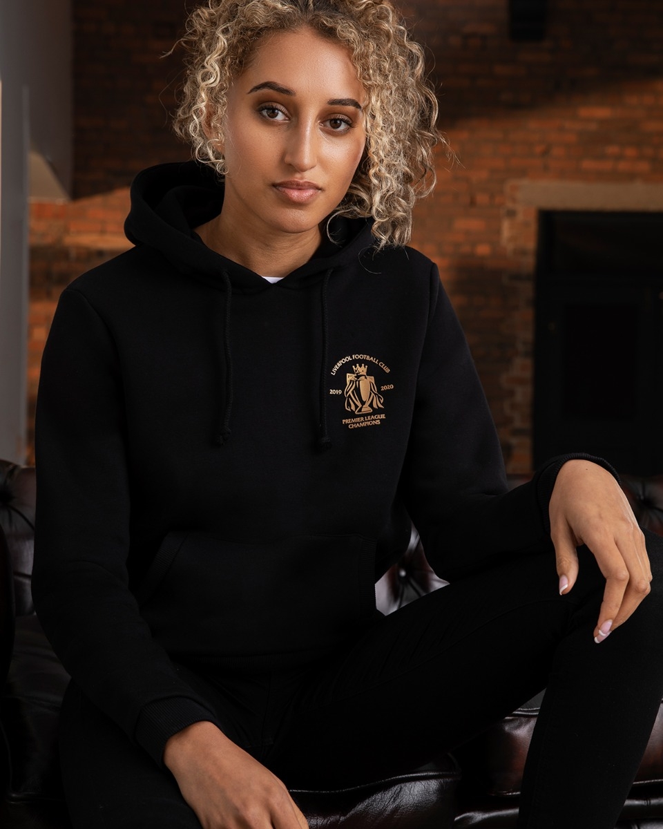 Sudadera con capucha negra LFC para mujer campeona de la Premier League 19 20